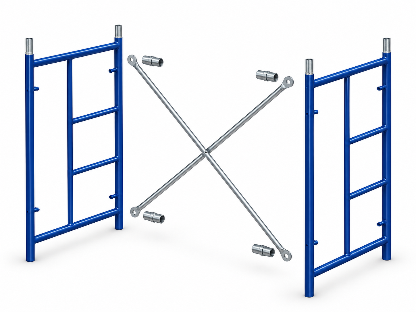 Vista explotada de dos marcos, dos crucetas y cuatro acoples o uniones de un cuerpo de andamio